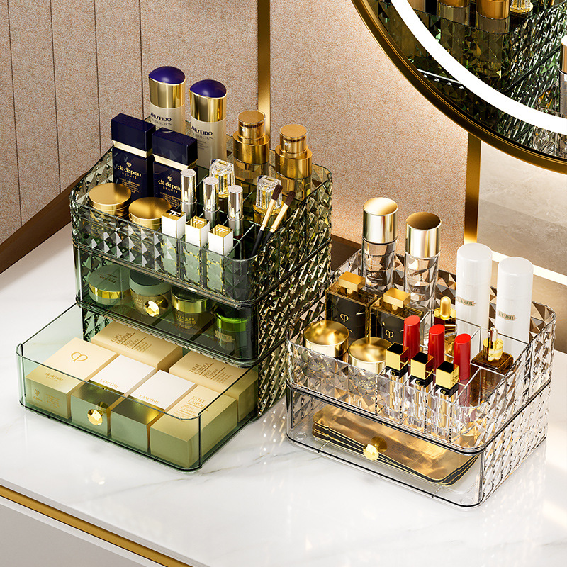 High Luxury Skincare - ダイヤモンドパターン化粧品収納ボックス 高級感 大容量 デスクトップラック 軽贅沢 スキンケア製品