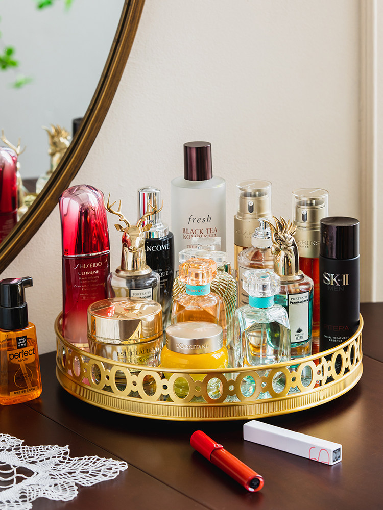 High Luxury Skincare - 軽奢ミラー真鍮製回転式収納メイク＆スキンケア用品リビングルームトレイ寝室ハイエンドデスクトップトレイ