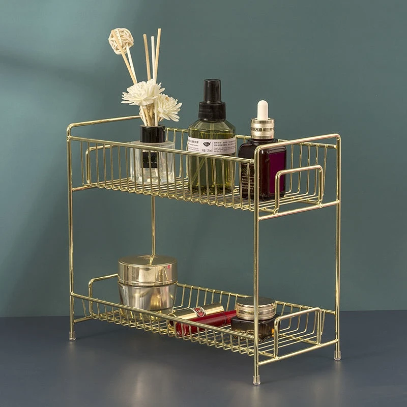 Luxury Skincare Makeup - 高級金属製ゴールデンコスメティックラック デスクトップ収納ボックス スキンケア雑貨 多層ドレッシングテーブル メイクアップルームオーガナイザーシェルフ